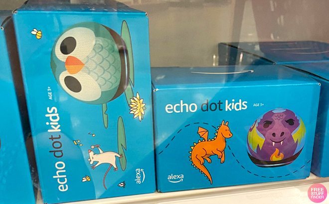 Kids Echo Dot 5th Gen Boxes on a Shelf 