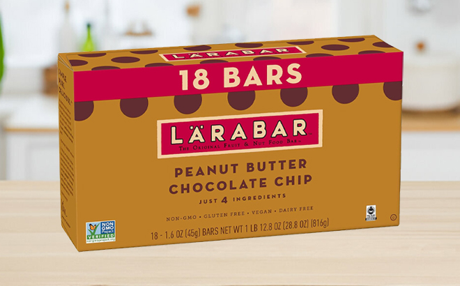 Larabar Peanut Butter Chocolate Chip 18 Count Bars Box on a Table 