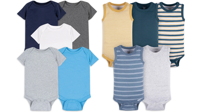 Little Star Organic Baby Boy Short Sleeve Bodysuits 5 Pack on the left and Gerber Baby Sleeveless Bodysuits 5 Pack