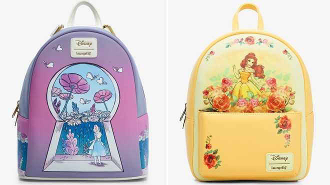 Loungefly Disney Alice In Wonderland Keyhole Mini Backpack and Loungefly Disney Beauty And The Beast Belle Roses Mini Backpack