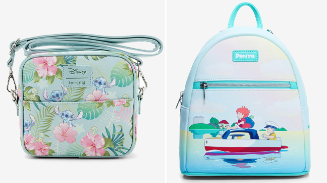 Loungefly Disney Stitch Duck Flower Square Crossbody Bag and Loungefly Studio Ghibli Ponyo Boat Scene Mini Backpack