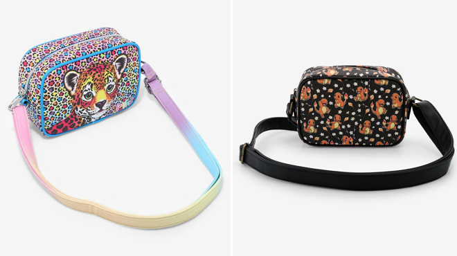 Loungefly Lisa Frank Rainbow Leopard Camera Crossbody Bag and Loungefly Pokemon Charmander Flowers Camera Crossbody Bag