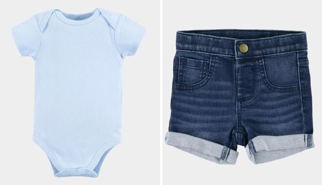 Luvable Friends Baby Boy Cotton Bodysuit and RuffleButts Toddler Girls Stretch Denim Shorts