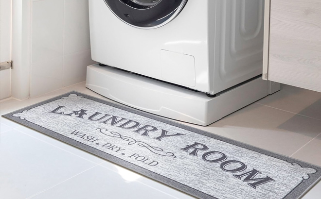 Machine Washable Border Text Design Laundry Room Rug Non Slip Rubberback 2x5 Laundry Runner Rug