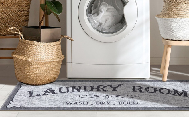 Machine Washable Border Text Design Laundry Room Rug Non Slip Rubberback