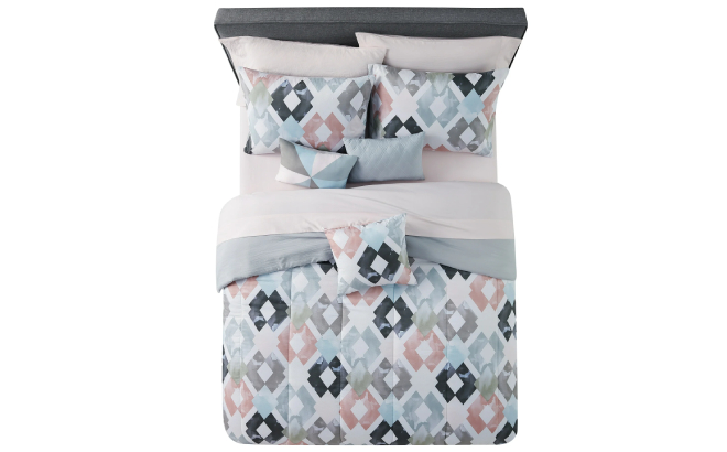 Mainstays Pink Teal Diamond 10 Piece Bed in a Bag Set