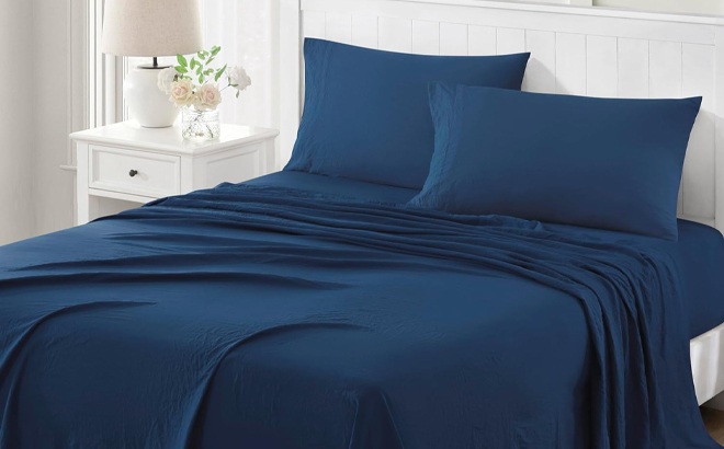 Martha Stewart Ultra Soft Brushed and Washed Microfiber 4 Piece Sheet Set in Navy Blue