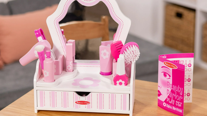 Melissa Doug Wooden Beauty Salon Play Set With Vanity and Accessories