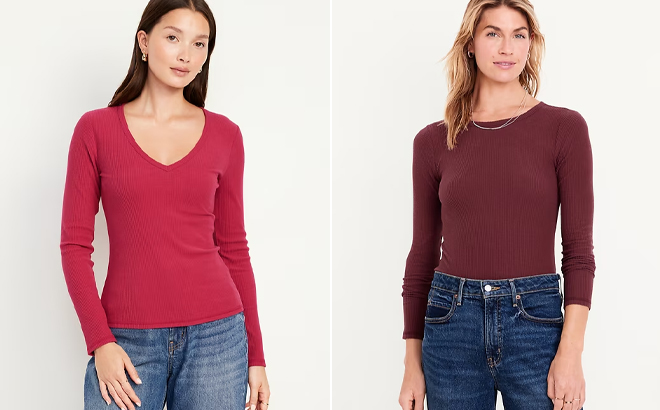 Models Wearing Old Navy V Neck and Regular Long Sleeve T Shirts in Two Colors