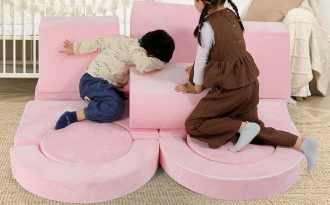 Modular Kids Sofa Play 12 Piece Couch in Pink