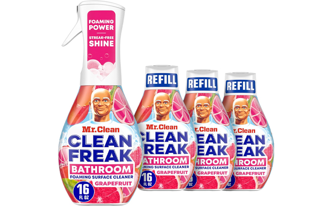 Mr Clean Clean Freak Foaming Bathroom Surface Cleaner Multi Surface Spray Starter Kit and Refill Bundle Grapefruit Scent