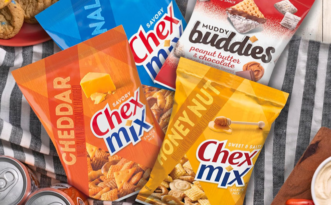 Muddy Buddies Peanut Butter Chocolate Chex Mix Cheddar Honey Nut and Chex Mix Traditional