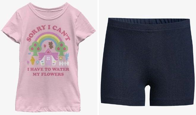 Nintendo Animal Crossing Water My Flowers T Shirt and Lands End Kids Tough Cotton Cartwheel Shorts