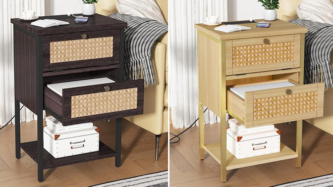 Nongshim 2 Tier Rattan Decorated End Tables