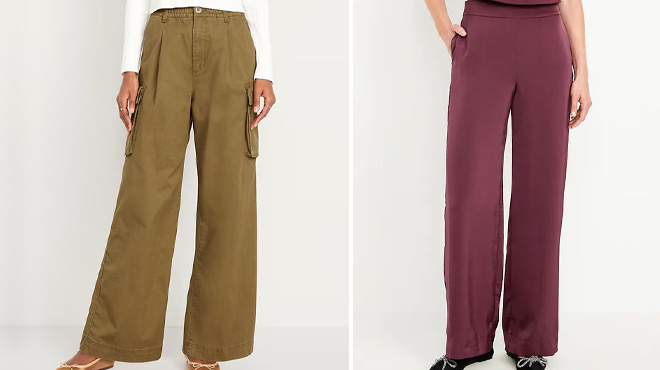 Old Navy Extra High Waisted Super Wide Leg Cargo Pants and High Waisted Satin Super Wide Leg Pants