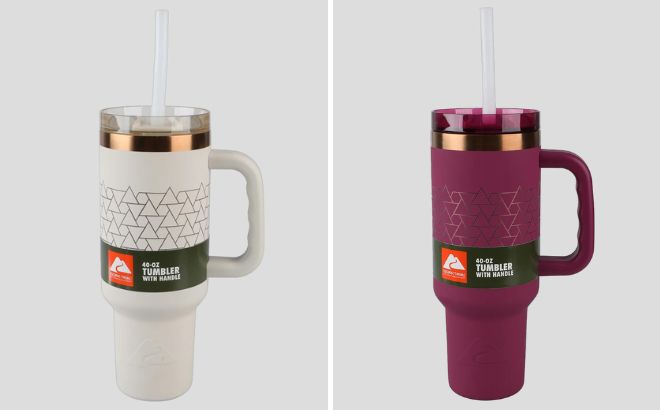 Ozark Trail 40 Ounce Tumblers in Beige Holiday and Violet Magenta Holiday Colors