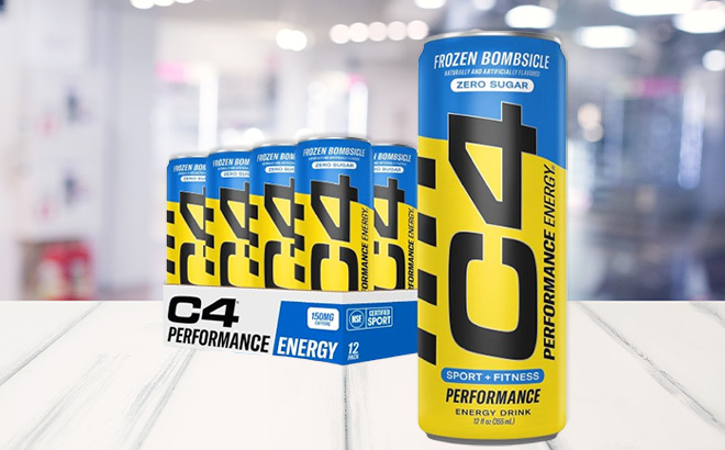 Pack of 12 C4 Energy Drinks on the Table