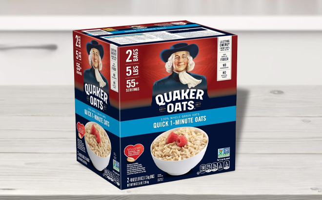 Quaker Quick 1 Minute Oatmeal 5 Pound on a Table