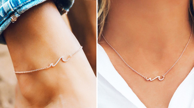 Rose Gold Pave Wave Anklet and Necklace