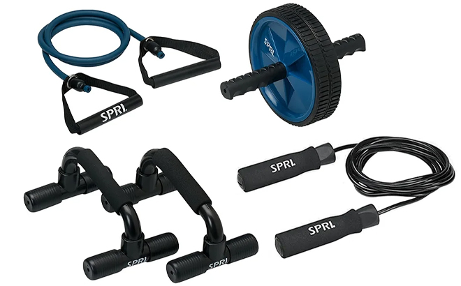 SPRI Home Gym Essentials Kit Includes Jump Rope Push up Bars Ab Wheel and Medium Resistance Tube