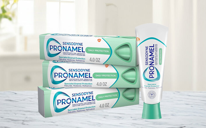 Sensodyne Pronamel Daily Protection Mint Essence Toothpaste 3 Pack on a Table