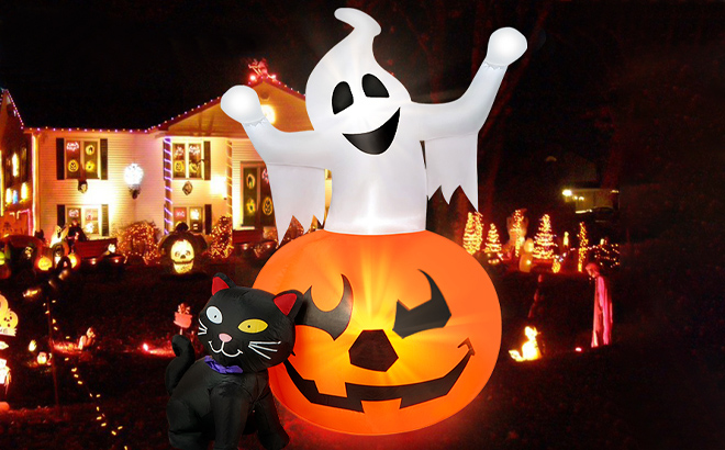 Spooky Pumpkin Witchs Black Cat Combo Inflatable