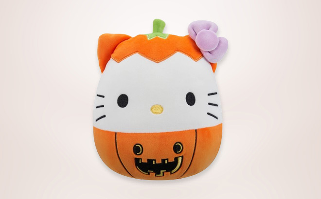 Squishmallows Official 8 inch Hello Kitty Pumpkin on a Neutral Background