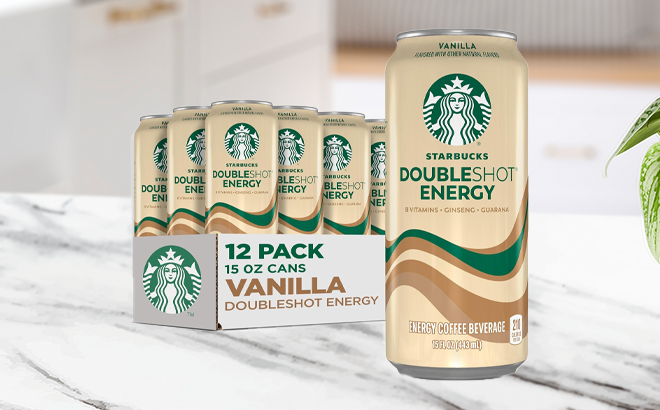 Starbucks Doubleshot Energy Drink Coffee Beverage Vanilla Flavor 12 Pack on a Kitchen Counter