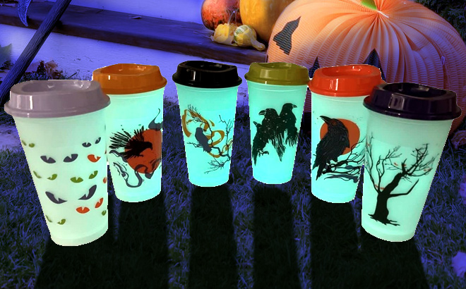 Starbucks Fall 2022 Reusable Hot Cups with Lids Glow in the Dark Halloween 6 cups 16 oz each