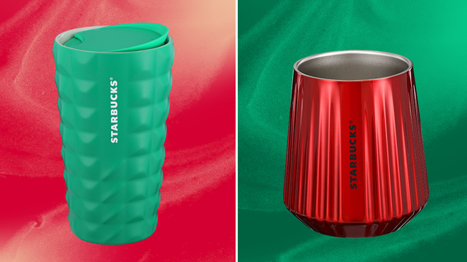 Starbucks Jade Green Studded Tumbler and Starbucks Red Ribbed Tumbler