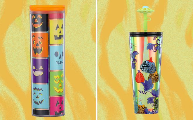 Starbucks Multicolor Jack O Lantern Tumbler and Extraterrestrial Cold Cup with Spaceship Straw Topper