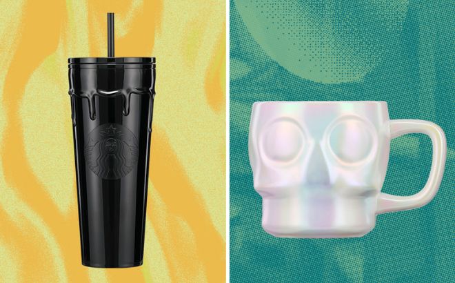 Starbucks Obsidian Ooze Cold Cup and Iridescent Luster Skull Mug