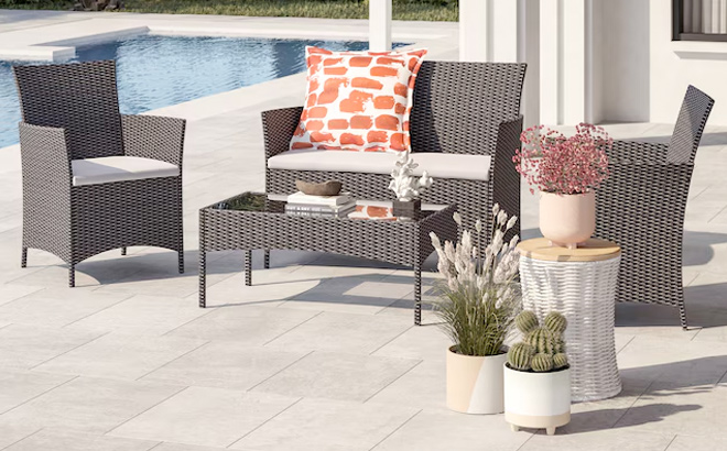 Style Selections 4 Piece Wicker Patio Conversation Set with Gray Cushions