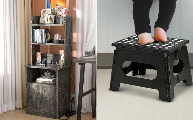 Tall Nightstand with Charging Station and LED Lights and Handy Laundry Folding Step Stool