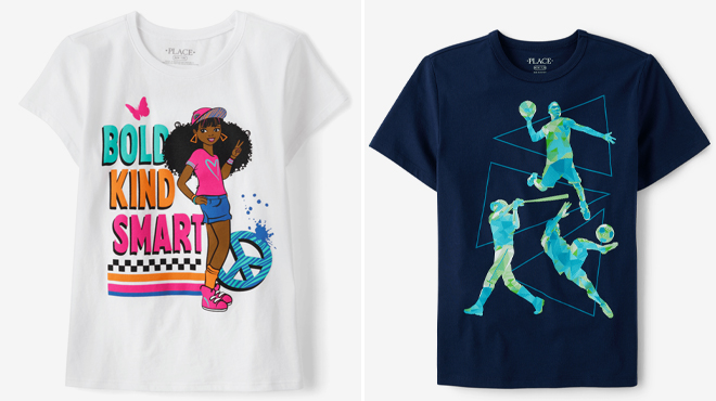 The Childrens Place Girls Bold Kind Smart Graphic Tee and The Childrens Place Boys Athletes Graphic Tee