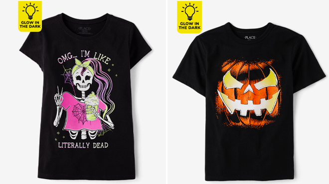 The Childrens Place Girls Glow In The Dark Skeleton Girl Graphic Tee and The Childrens Place Boys Glow In The Dark Pumpkin Graphic Tee