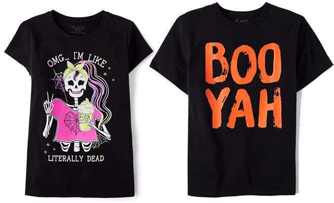 The Childrens Place Girls Glow Skeleton Girl Graphic Tee and Boys Glow Boo Yah Graphic Tee