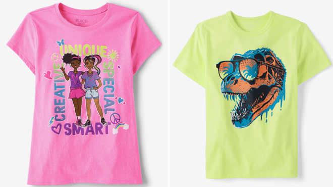 The Childrens Place Girls Positive Girl Graphic Tee and The Childrens Place Boys Dino Sunglasses Graphic Tee