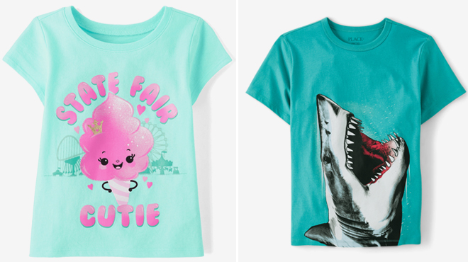 The Childrens Place Girls State Fair Vibes Graphic Tee and The Childrens Place Boys Shark Mouth Graphic Tee