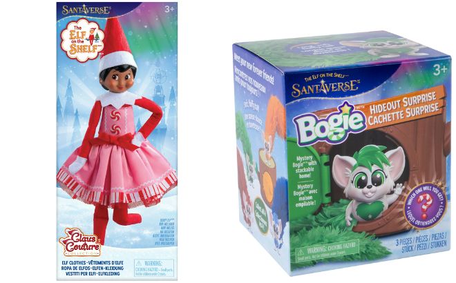 The Elf on the Shelf Claus Couture Pink Peppermint Party Dress for your Scout Elf and The Elf on the Shelf Bogie Hideout Surprise Toy