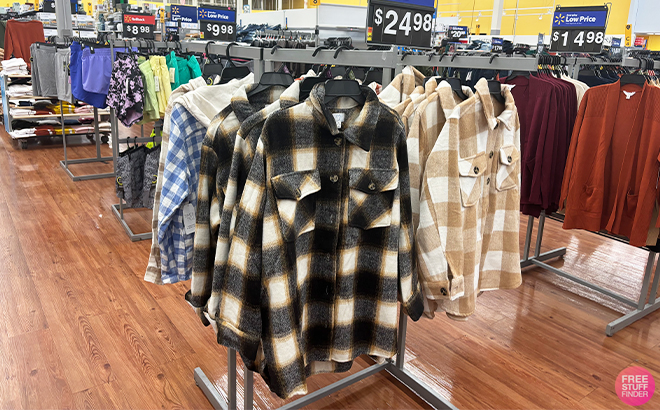 Time and Tru Womens Button Front Shackets Hanging at Walmart