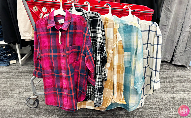 Universal Thread Womens Oversized Flannel Shirt Hanging on a Cart