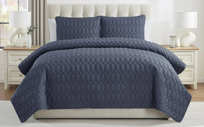 VCNY Home Diamond 3 Piece Blue Textured Pinsonic Quilt Set