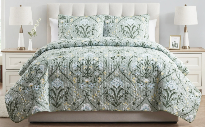 VCNY Home Province 3 Piece Green Floral Damask Printed Quilt Set