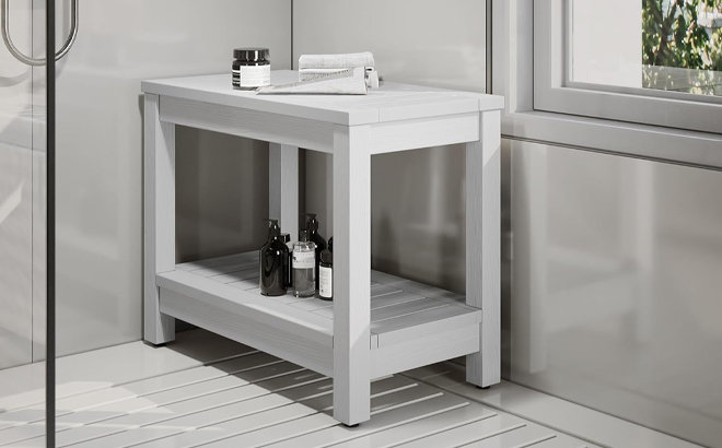 Water Resistant Non Slip Poly Lumber Shower Bench in White in the Shower