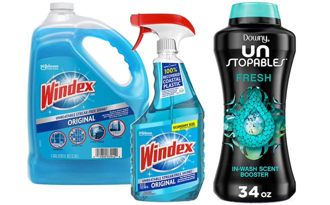 Windex Glass Cleaner Spray Bottle with 128 oz Refill and Downy Unstopables In Wash Scent Booster Beads 34 oz