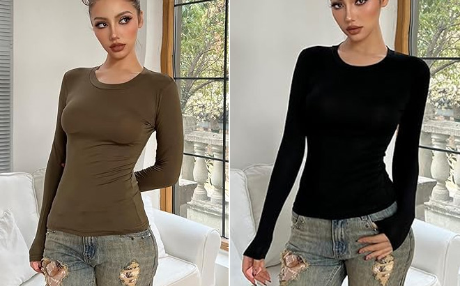 Womens Casual Basic Crop Tops Y2K Slim Fit Long Sleeve Crew Neck