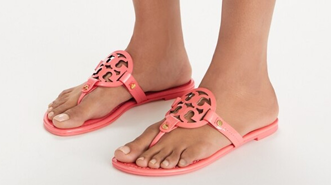 a Person Wearing Tory Burch Miller Patent Sandals