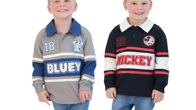 a boy wearing a Bluey Toddler Long Sleeve Polo Shirt on the left and Mickey Mouse Toddler Long Sleeve Polo Shirt on the right