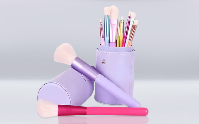 10 Makeup Brushes with Faux Leather Cylinder Case